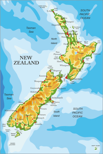Poster Neuseeland-Landkarte (Englisch)