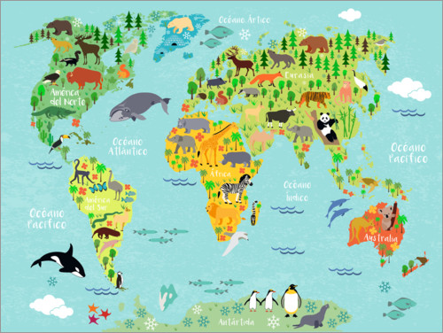 Poster Carte du monde des animaux (espagnol)