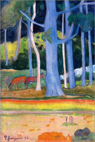 Poster Landschaft mit blauen Baumstämmen