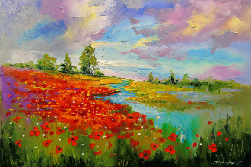 Poster Poppy field by the lake