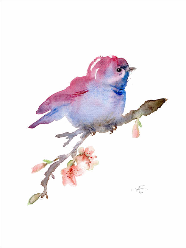 Poster Bird on a flowering branch