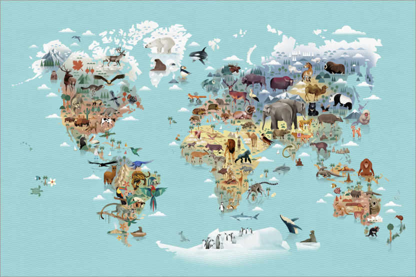 Poster Världskarta med djur