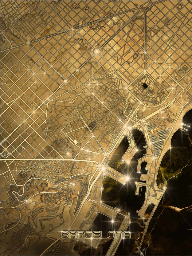 Poster Barcelona Stadtplan Gold