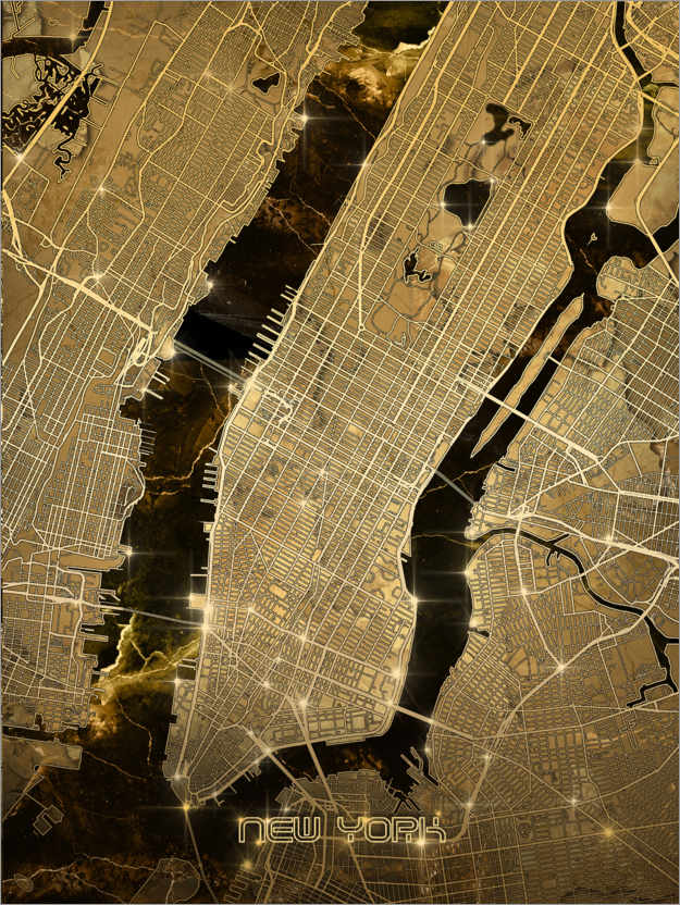Póster Mapa de la ciudad de nueva york dorado