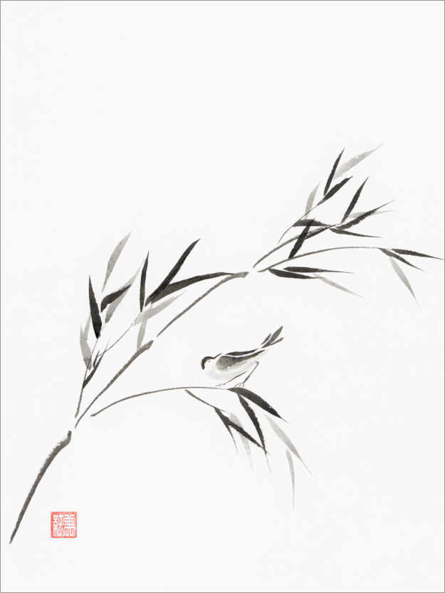 Plakat Ptak na bambusowej gałęzi
