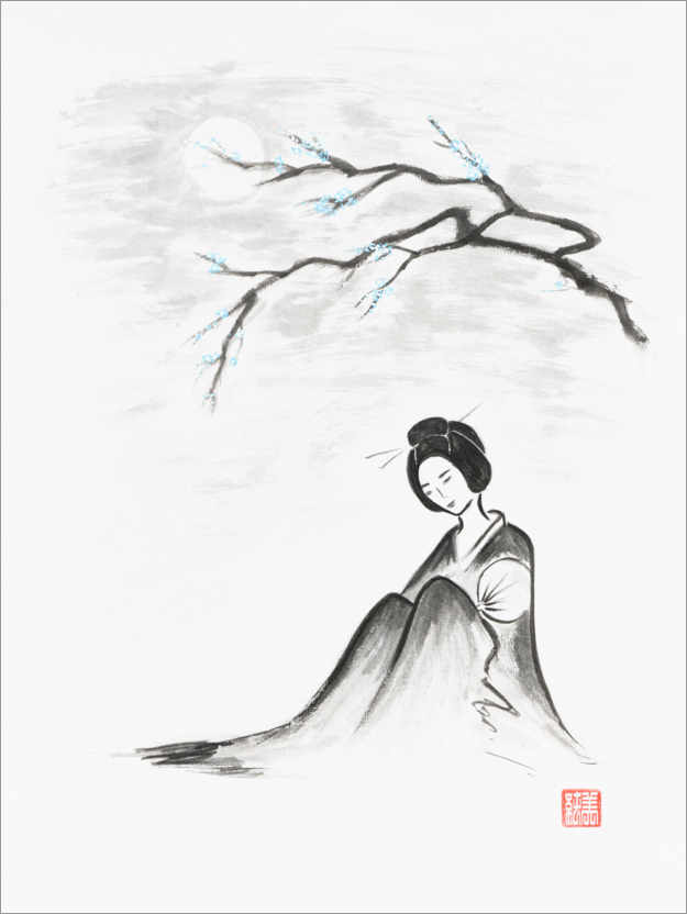 Poster Geisha unter einem Sakura-Zweig