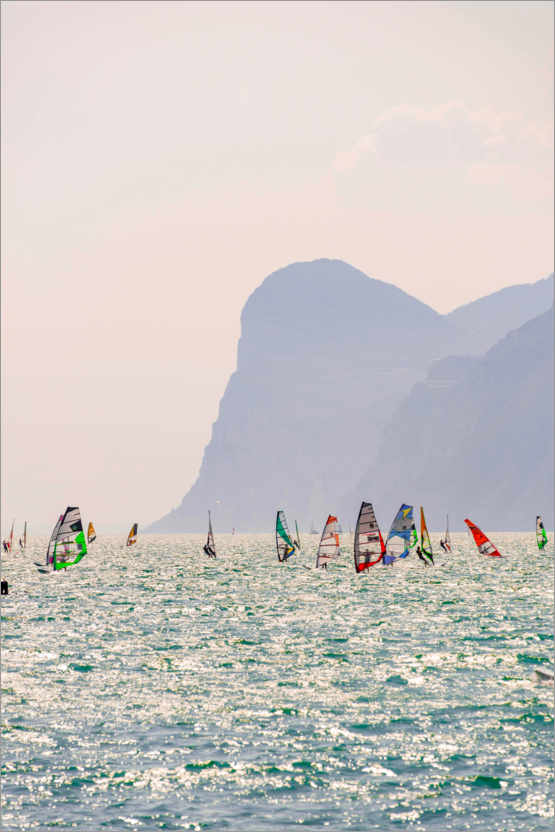 Poster Windsurfer with colorful sails, Lake Garda