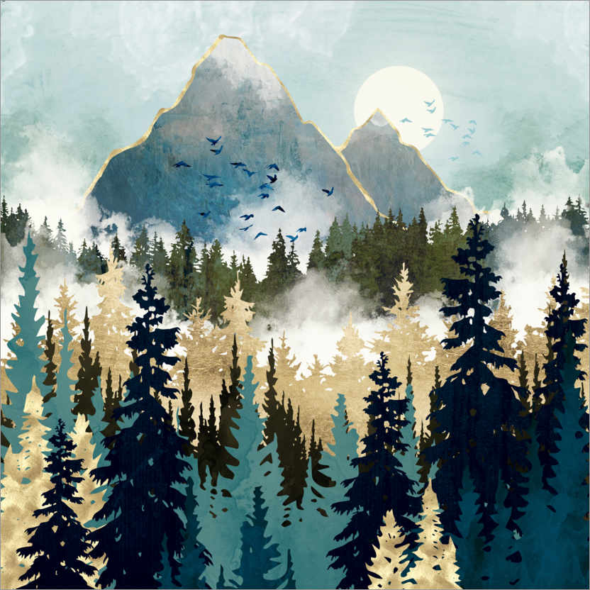 Póster Pinos con niebla