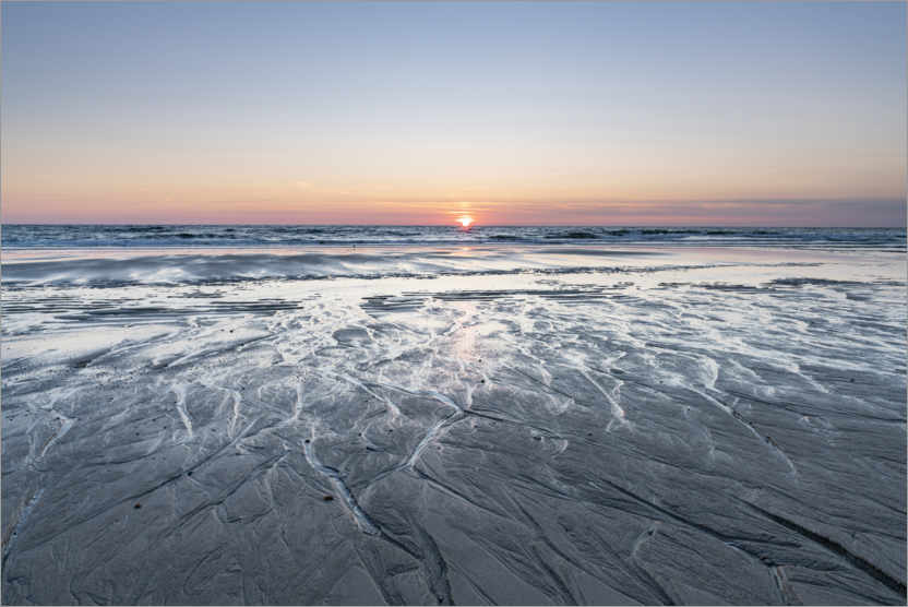 Poster Coucher de soleil sur la plage de la mer du Nord