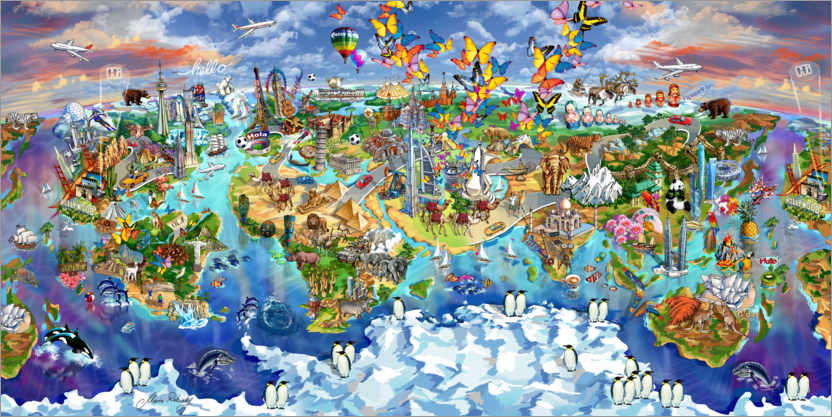 Póster Mapa del mundo y sus maravillas II