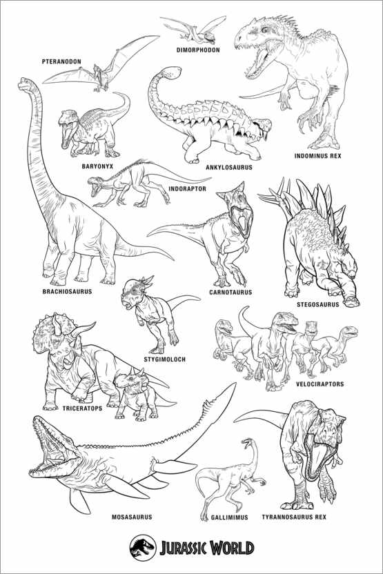 Poster à colorier Jurassic World - dinosaurs