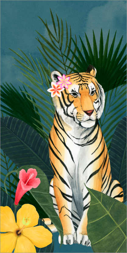 Poster Tiger in the tropical sea of flowers