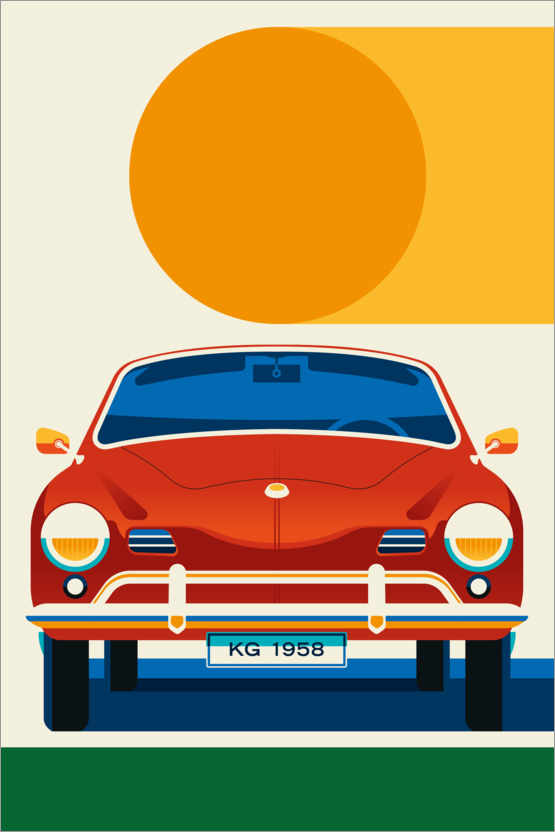 Poster Red vintage sports car front with sun