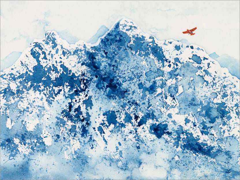 Poster Rotes Flugzeug über verschneiten Bergen
