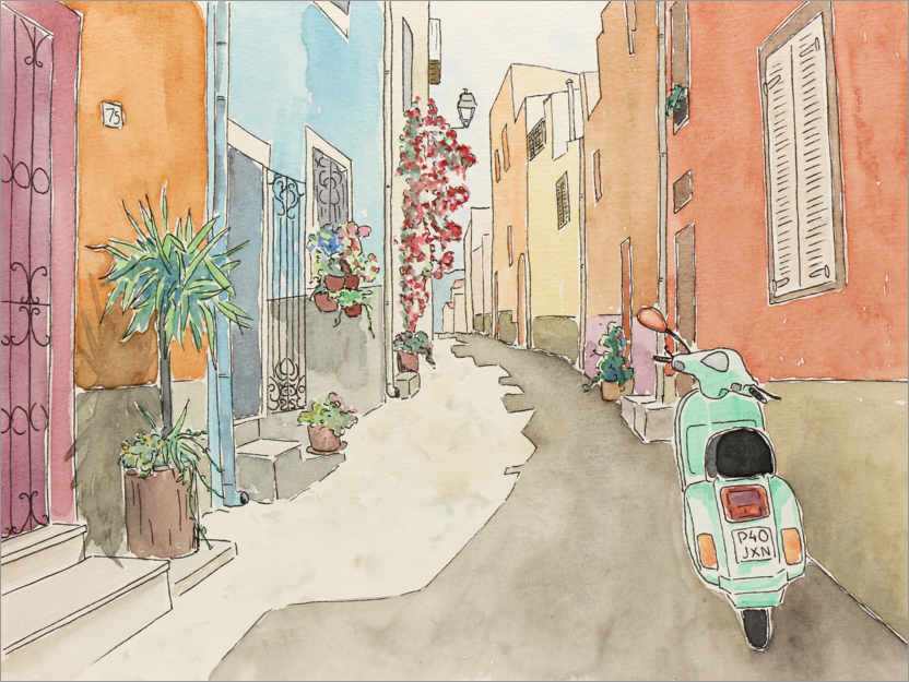 Poster Mediterranean alley in summer with scooter