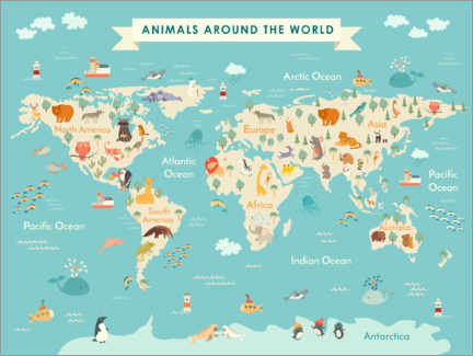 Stampa su alluminio  Cartina del mondo degli animali (inglese) - Kidz Collection