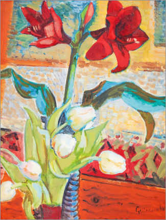 Canvastavla  Röda amaryllis och vita tulpaner - Isaac Grünewald