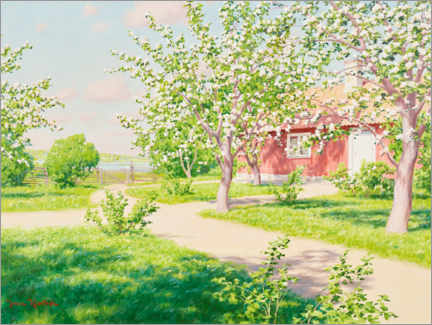 Poster Blossoming apple tree with red hut
