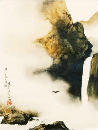 Poster Landschaft mit Wasserfall und Vogel