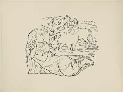 Obra artística  Mujer tumbada en la playa con caballos y gaviotas - Leo Gestel