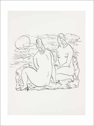Print Schetsblad met twee naakte vrouwen, zittend aan zee - Leo Gestel