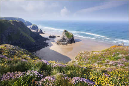 Wandbild  Weiter Strand mit Blumen im Frühling in England - The Wandering Soul