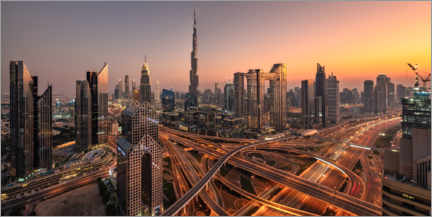 Stampa su tela  Dubai - tramonto sullo skyline - Achim Thomae