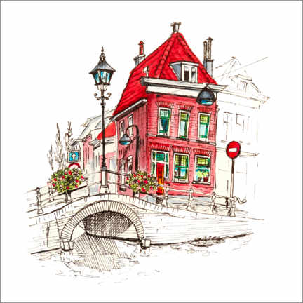 Poster Rotes Haus in Delft, Niederlande