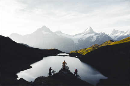 Poster Mountain bikers at Bachalpsee lake, Bernese Oberland, Switzerland