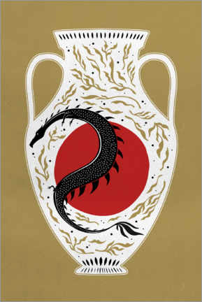Wall print Photia - Japanese dragon and red moon vase - Chromakane