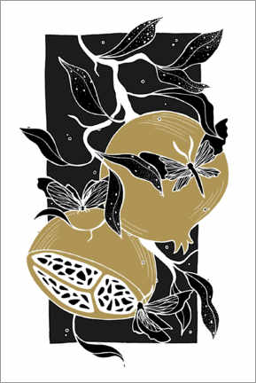 Poster Nether - Schwarz-goldene botanische Granatäpfel