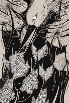 Tableau sur toile  Catch - Japanese heron and koi carp pond - Chromakane