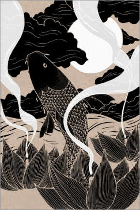 Poster  Gegenstrom - Japanischer Fisch und Lotus - Chromakane