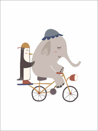 Poster  Elephant and Penguin on bicycle - Marta Munte