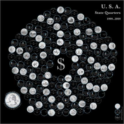 Wall print  The fifty state quarters on a pentagonal spiral by nighttime - Carlos Catalogart