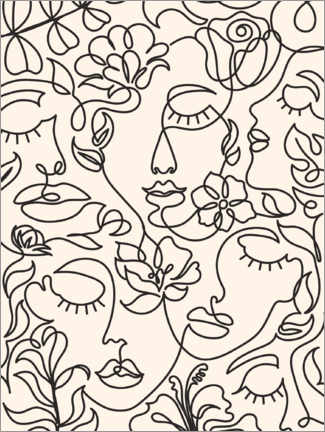 Poster Lineart Faces with Flowers I