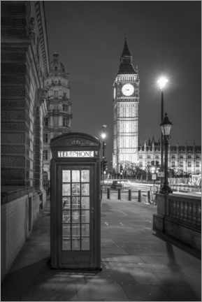 Stampa su tela  Cabina telefonica di Londra e Big Ben, in bianco e nero - Jan Christopher Becke