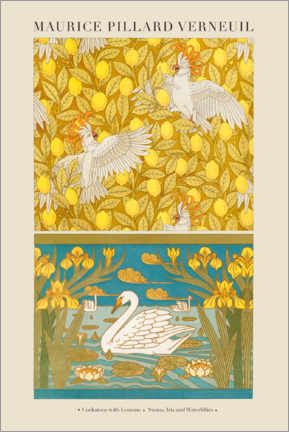 Wandbild Tapetendesign: Kakadus mit Zitronen, Schwäne, Iris und Seerosen - Maurice Pillard Verneuil