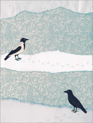 Póster Urraca y cuervo en la nieve