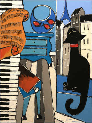 Tableau  The old Piano with Music sheet, and black cat, in Paris - JIEL