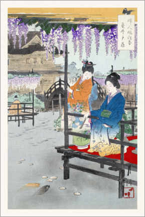 Tableau sur toile  Geisha on the veranda over the fish pond - Ogata Gekkō
