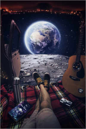 Poster Admiring the Earth in a Van on the Moon