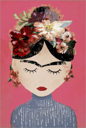 Poster Frida with wreath of flowers, pink