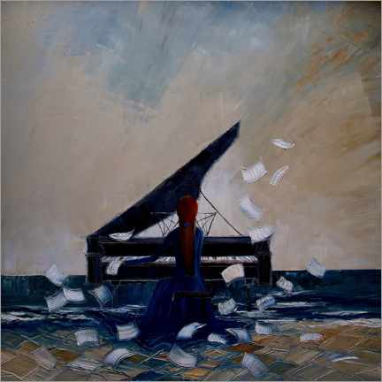 Wandbild  Piano spielen und Papier fliegt im Wind - Justyna Kopania
