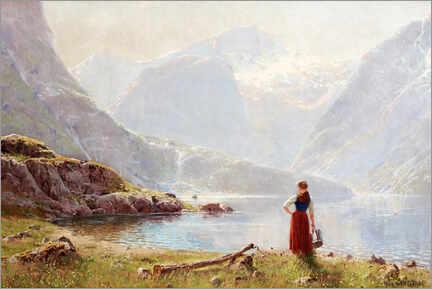 Canvastavla  A Young Girl by a Fjord - Hans Andreas Dahl