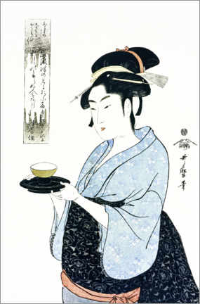 Poster Naniwaya Okita serverar en teacup i det berömda tehuset - Kitagawa Utamaro