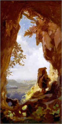 Wandbild  Gnom, von einer Höhle die erste Eisenbahn betrachtend - Carl Spitzweg