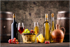 Wandsticker Wein, Trauben, Fässer und Käse