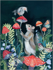 Poster  Mouse and bird with mushrooms - Clara McAllister