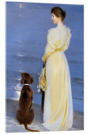 Akrylbillede  Sommeraften ved Skagen. Kunstnerens hustru med hund ved strandkanten. - Peder Severin Krøyer